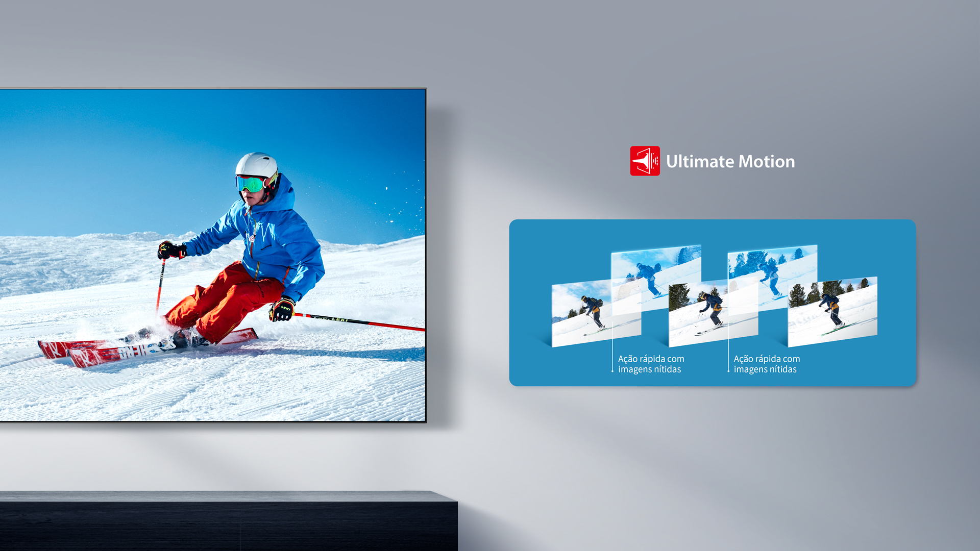 TV C350N exibindo um esquiador na neve, destacando o recurso Ultimate Motion em ação